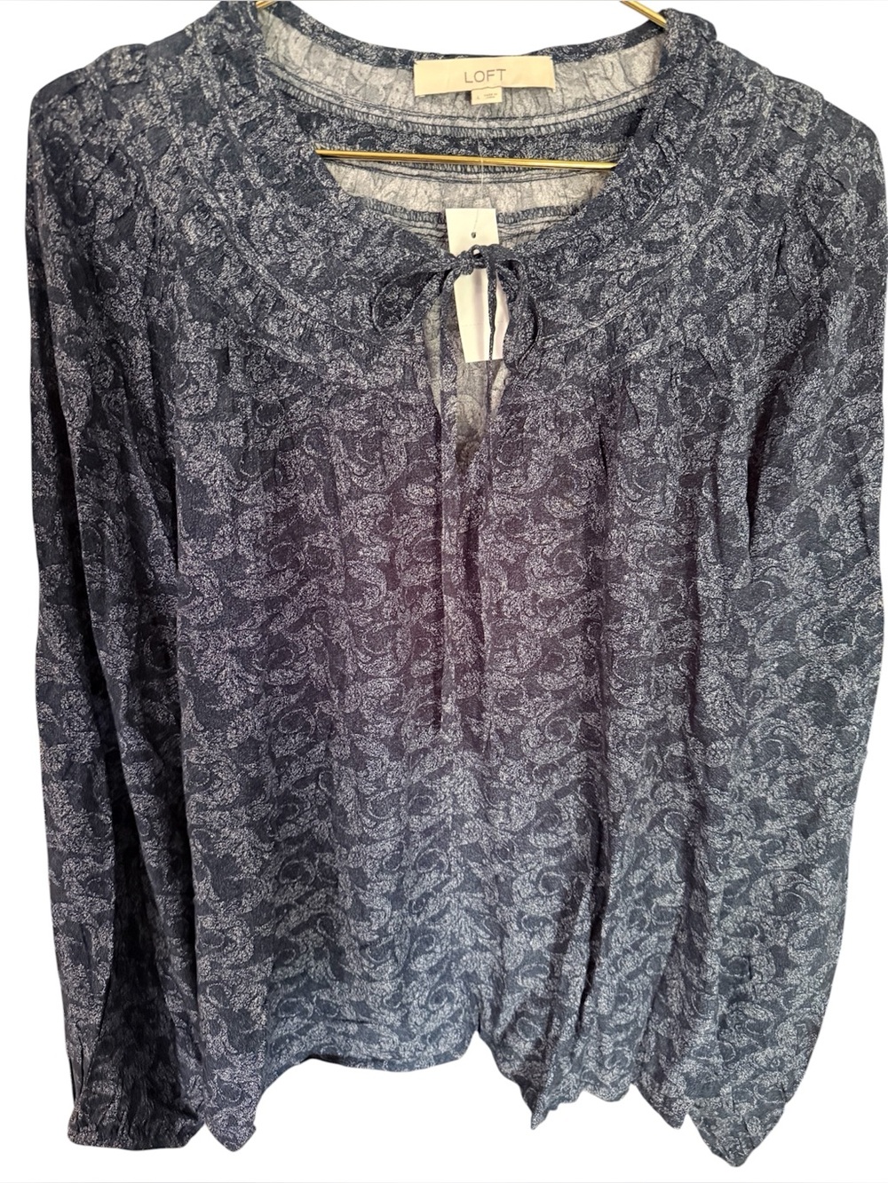 LOFT Navy Paisley Tie-Neck Long-Sleeve Blouse NWT SZ. L 100%viscose